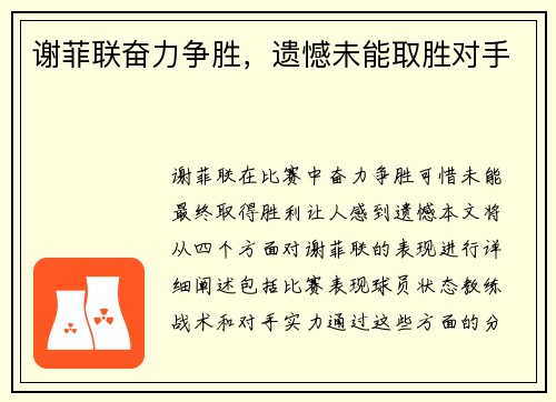 谢菲联奋力争胜，遗憾未能取胜对手