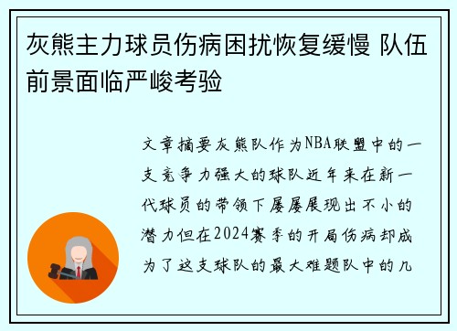 灰熊主力球员伤病困扰恢复缓慢 队伍前景面临严峻考验