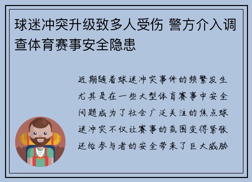 球迷冲突升级致多人受伤 警方介入调查体育赛事安全隐患